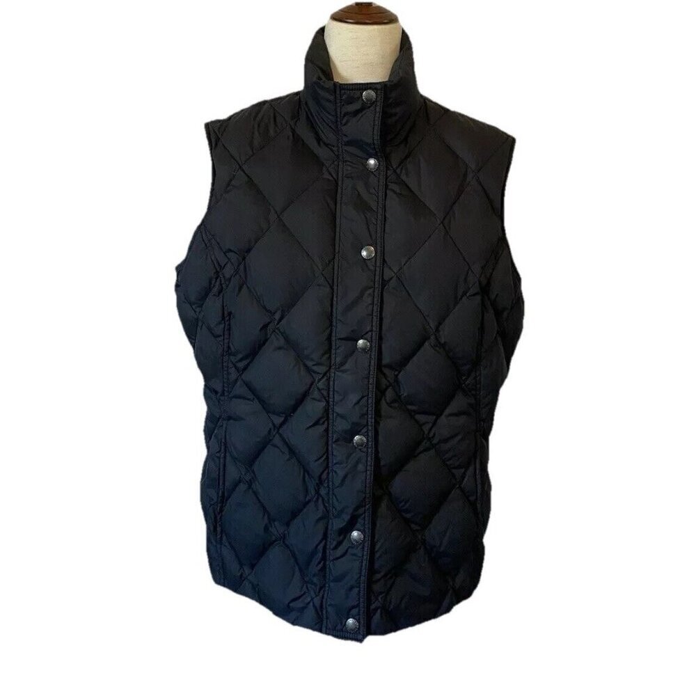 Lands End Women Size L 14-16 Black Down Filled Quilted Snap Puffer Vest Pockets